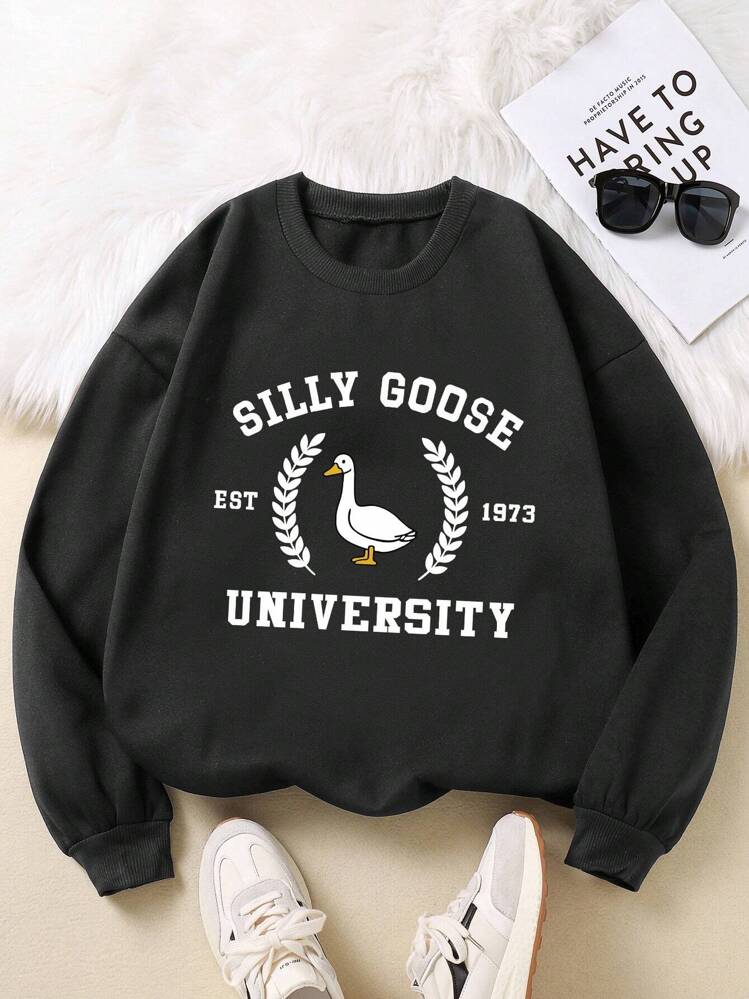 INAWLY 女士加大码卡通字母印花卫衣，SILLY GOOSE EST 1973 大学毕业、返校、教师套头衫，秋冬款 - 黑色 - 查看 1