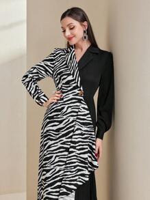 Modelyn Mô hình ngựa vằn Khối màu Xếp li Dài Đầm - Đen và trắng - Xem 4