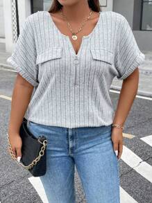 Nubod Plus Size Women's Ribbed Batwing Sleeve T-Shirt - Light Grey - View 5