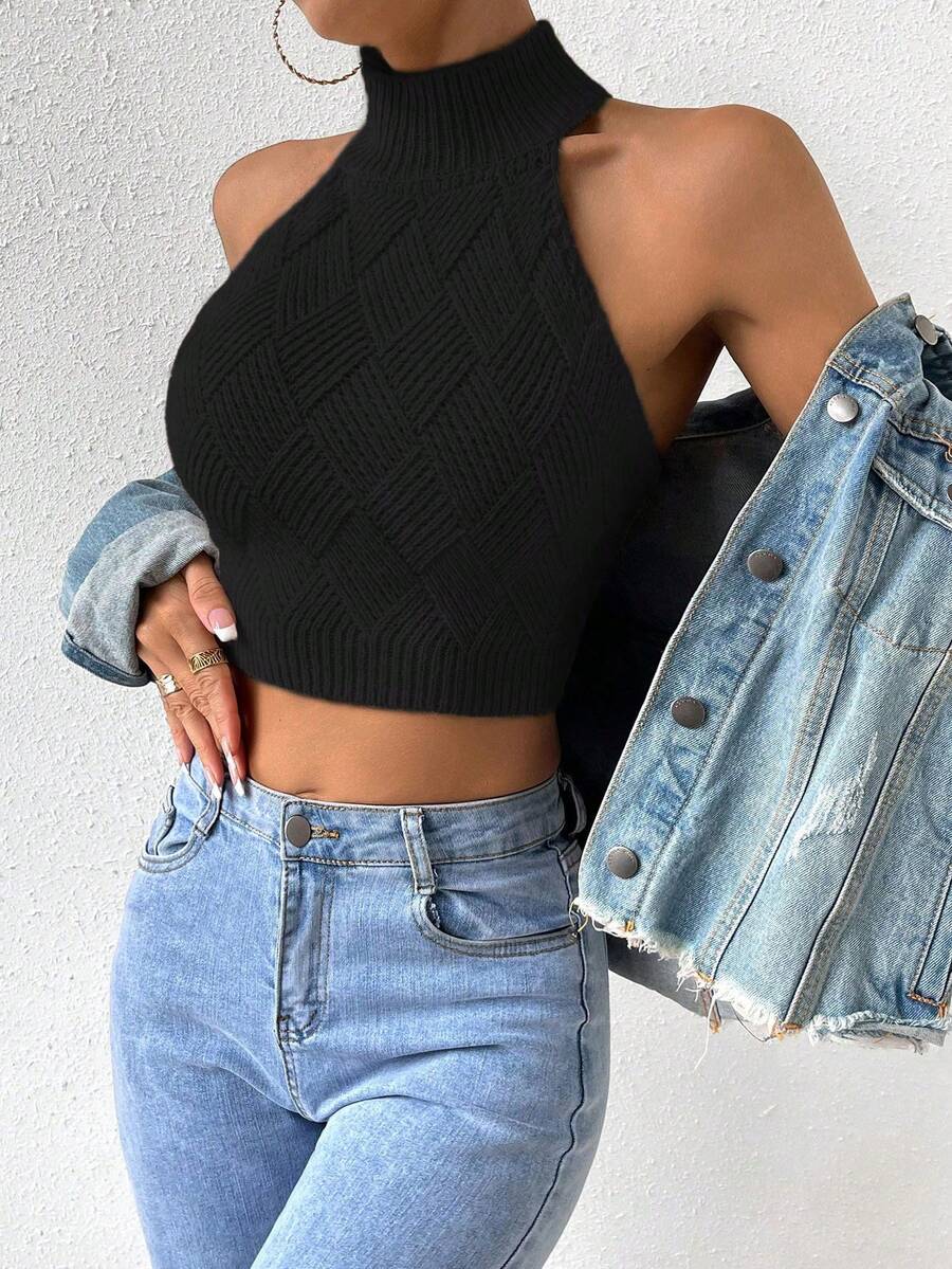 SHEIN Essnce 女款短菱形圖案針織上衣 - 黑色 - 查看 1