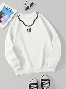 SHEIN EZwear Women's Fleece Inside Sweatshirt Printed With Skull And Chains - White - View 1
