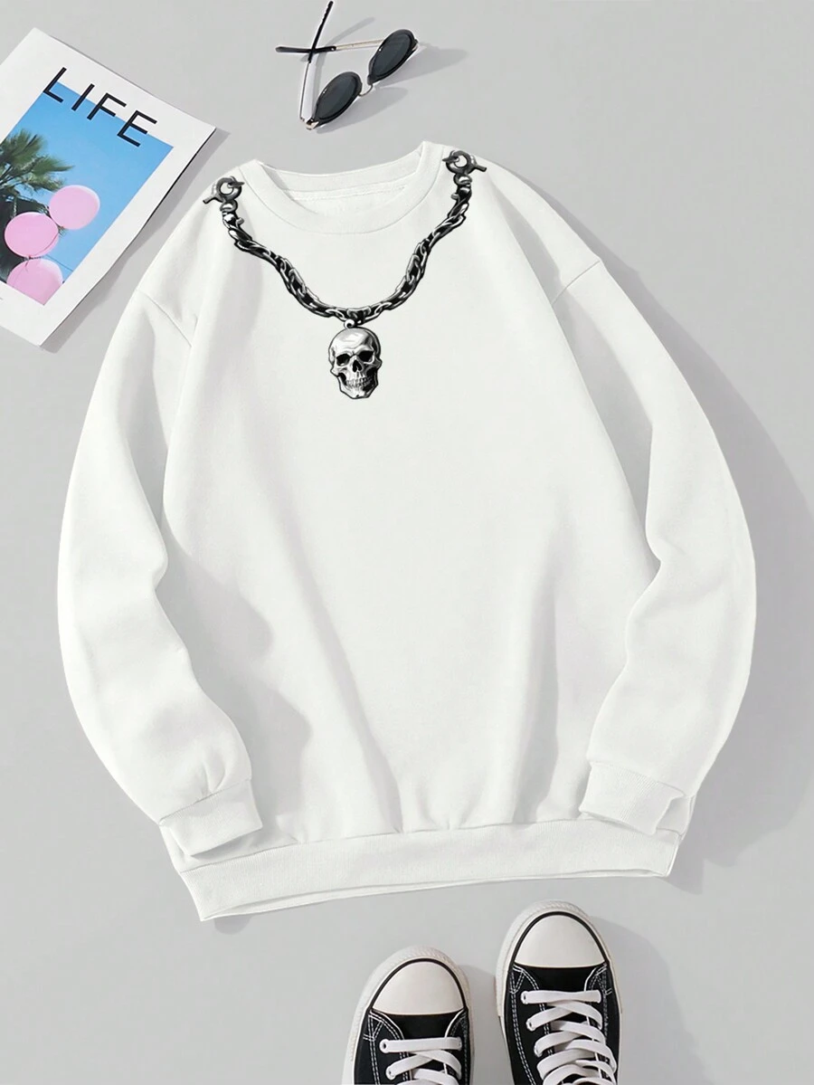 SHEIN EZwear Women's Fleece Inside Sweatshirt Printed With Skull And Chains - White - View 1