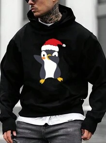 GENTILAND Oversized Men's Christmas Penguin Print Sweatshirt - Black - View 1