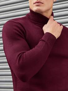 SHEIN Cottnline Simple Men's Solid Color Turtleneck Sweater, Versatile - Burgundy - View 5