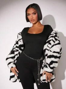 SHEIN SXY 性感女士正常尺寸斑馬紋泰迪大衣,秋冬休閒風格 - 黑與白 - 查看 6