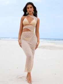 SHEIN Swim Women's Hollow Mesh Bikini Set Suit Summer Beach - Khaki - View 4