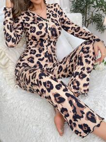 豹纹荷叶边睡衣连体衣，秋冬款 - 彩色 - 查看 1
