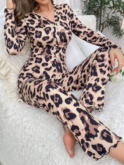 Leoparden-Muster Jumpsuit mit Rüschensaum, Herbst