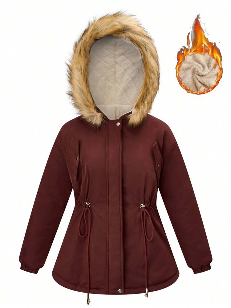 Plus Drawstring Waist Fuzzy Trim Hooded Thermal Lined Parka Padded Coat Clothes Winter Fall Cloth For Women