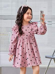 SHEIN 幼兒女孩 Love 印花燈芯絨荷葉邊下擺連身裙,帶有蝴蝶結細節,長袖 - 粉色 - 查看 3