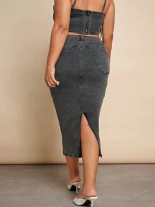 SHEIN BAE Kích thước lớn Gợi cảm Độ co giãn Cao Váy Denim Thiết kế Với Quần bó Phong cách & Phương Tây Mặc Đối với , Các bữa tiệc - Xám - Xem 2