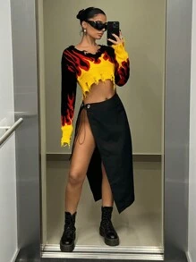 SHEIN ICON Fall Clothes Women Fire Pattern Distressed Crop Sweater,Long Sleeve Tops - Black - View 5