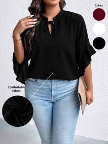 SHEIN LUNE Plus Tie Neck Batwing Sleeve Blouse - White - View 1