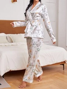 女士花卉印花連帶睡衣套裝 - 白色 - 查看 5