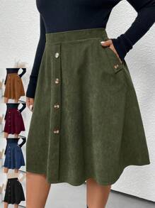 SHEIN LUNE Plus Button Detail Corduroy Skirt - Army Green - View 1