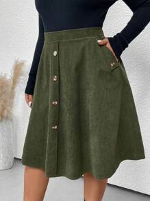 SHEIN LUNE Plus Button Detail Corduroy Skirt - Army Green - View 2