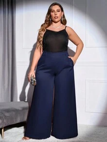 Double Crazy 女士阔腿裤，优雅休闲宽松纯色口袋通勤裤，适合秋季 - 藏蓝色 - 查看 4