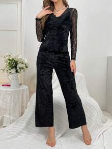 Women's Lace Splicing Pajama Set - Black - View 4