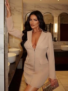 SHEIN SXY 女性新年修身簡約風前拉鍊休閒西裝外套 - 卡其色 - 查看 5