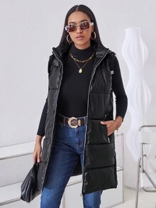 SHEIN LUNE Women's Solid Color PU Leather Zip-Up Hooded Padded Vest Puffer Jacket For Autumn/Winter Clothes - Black - View 3