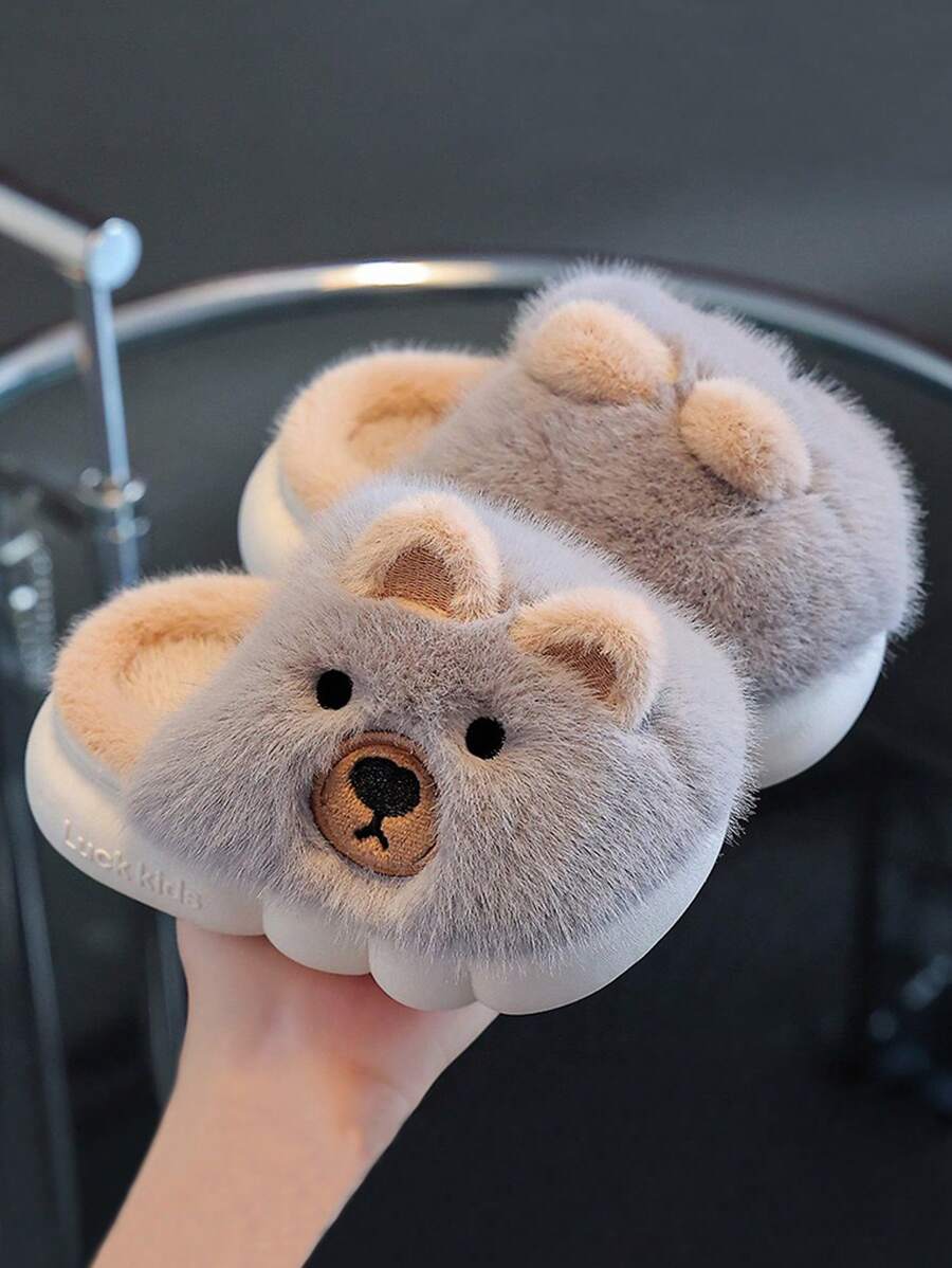 可愛男孩室內保暖拖鞋,防滑卡通兒童拖鞋,適用於冬季 - 灰色 - 查看 1