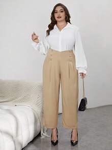 SHEIN Privé Women's Plus Size Buttoned High-waisted Pleated Pants - Camel - View 4