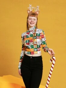 TOM & JERRY X SHEIN 女性高領卡通印花短款t恤 - 彩色 - 查看 3