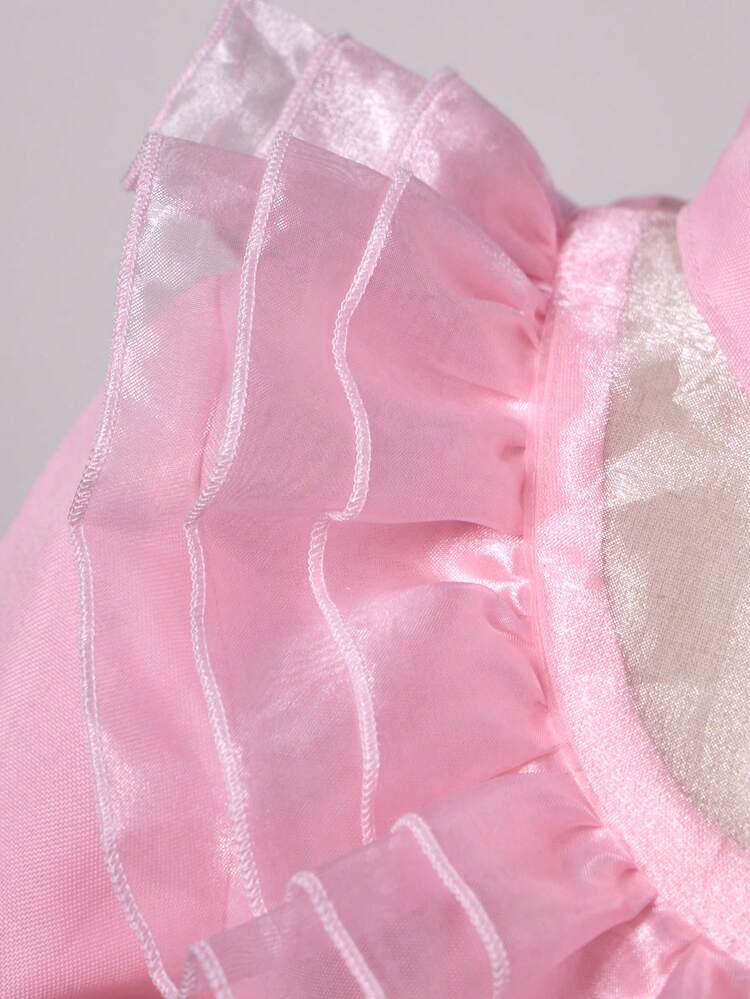 Tween Girl Vintage Stylish Mesh Contrast A-Line Dress With Ruffled Trim For Autumn