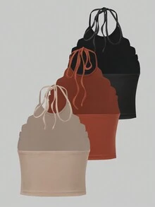 SHEIN Essnce 3pcs Của phụ nữ Màu thuần Halter Neck Áo ba lỗ - Nhiều màu - Xem 2