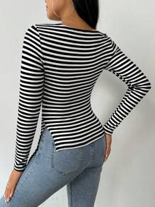 SHEIN Essnce Women's Striped Asymmetrical Shoulder Slim Fit T-Shirt - Black and White - View 2
