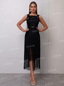 露肩性感流蘇綁帶緊身連身裙,適用於雞尾酒派對 - 黑色 - 查看 6