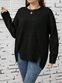 SHEIN LUNE 大尺碼純色垂墜肩縫洞毛衣 - 黑色 - 查看 5