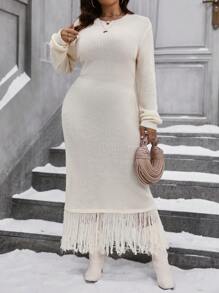 Calvaya Plus Size Fringe Decoration Bodycon Sweater Dress Fall Winter Cloth For Women Autumn - Apricot - View 4