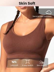 Yoga Basic Solid Ribbed Knit Sports Bra - بني - مشاهدة 1