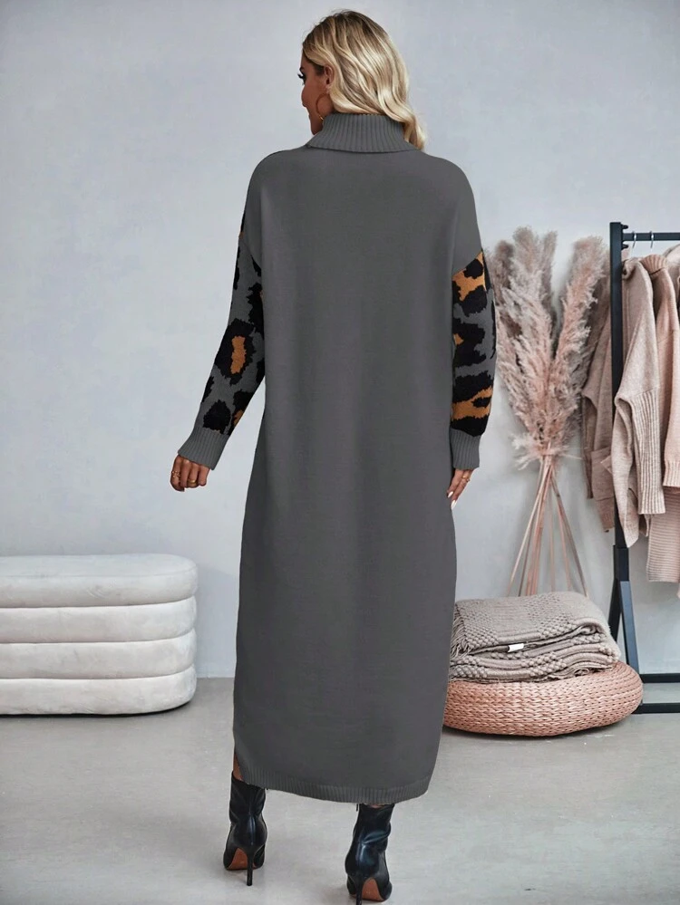 Women's Leopard Print Turtleneck Sweater Dress Fall Winter Cloth For Women