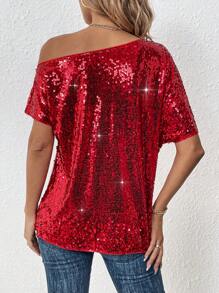 SHEIN LUNE Camisa De Lentejuelas Con Cuello Asimétrico - Rojo - Ver 2