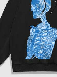 ROMWE MEN Street Life Men's Skull Slogan Printed Hoodie - Black - View 3