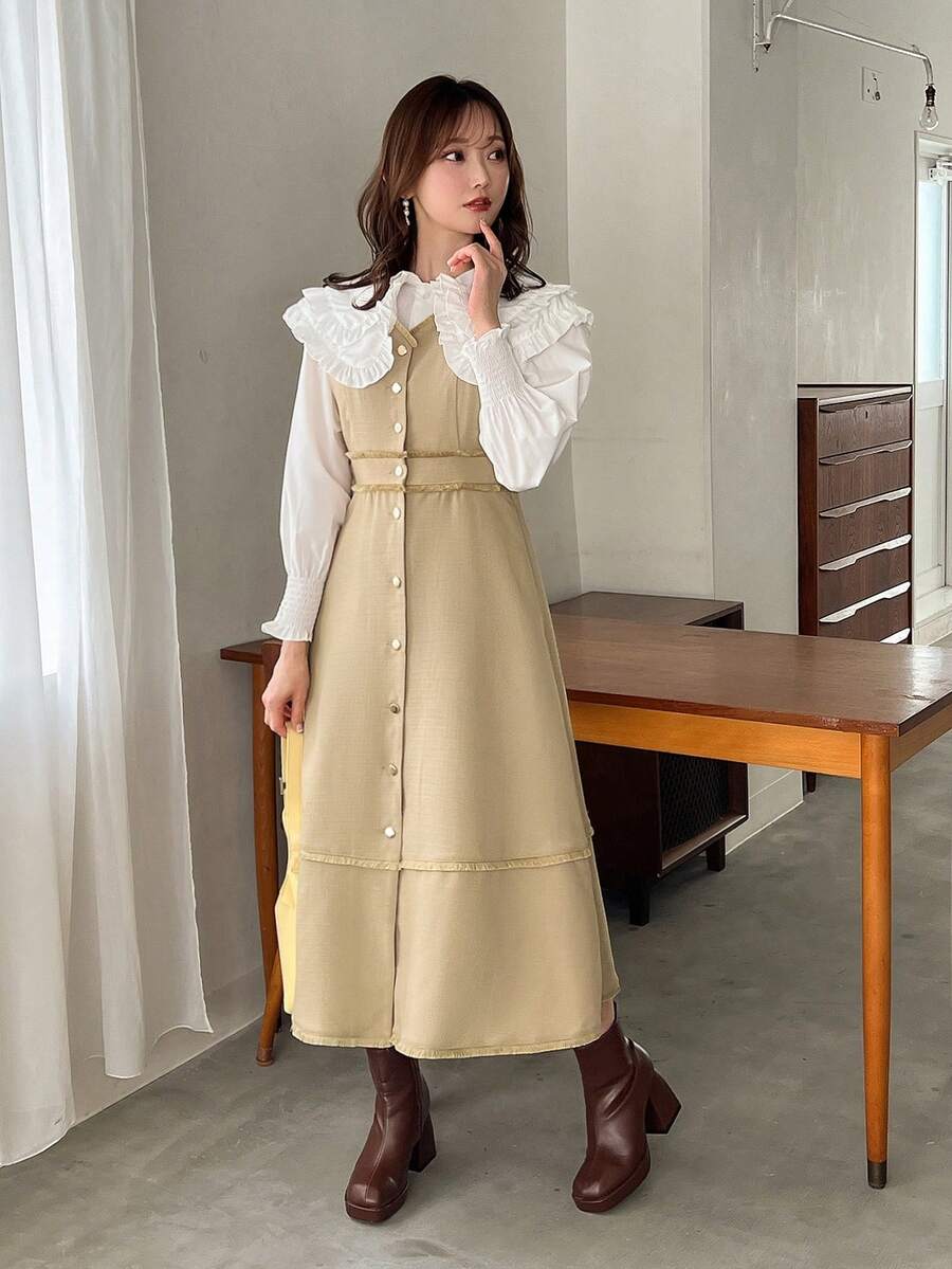 FRIFUL Của phụ nữ Váy không tay ( Áo sơ mi Không bao gồm ) - Màu Khaki - Xem 1