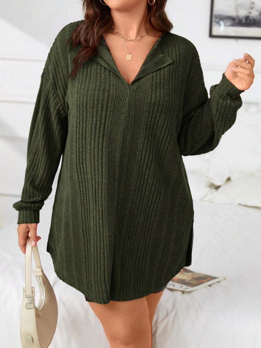 SHEIN Essnce Áo thun có viền cong trễ vai màu trơn cỡ lớn - xanh quân đội - Xem 1