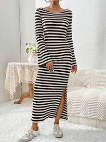 SHEIN Essnce 條紋喇叭袖開叉修身洋裝 - 白色 - 查看 4