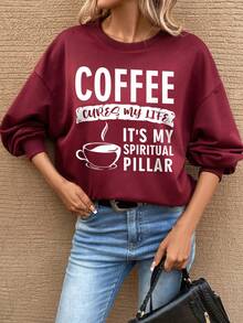 SHEIN LUNE Slogan Graphic Drop Shoulder Sweatshirt - Burgundy - View 7