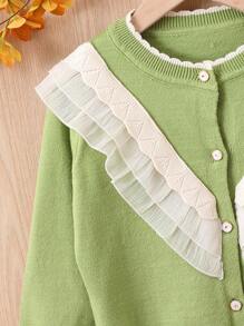SHEIN Cardigan De Mosaico Con Volantes De Niña Pequeña Con Colores Contrastantes - Verde - Ver 3