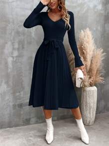 SHEIN Clasi V領帶式休閒女士毛衣裙 - 藏蓝色 - 查看 1