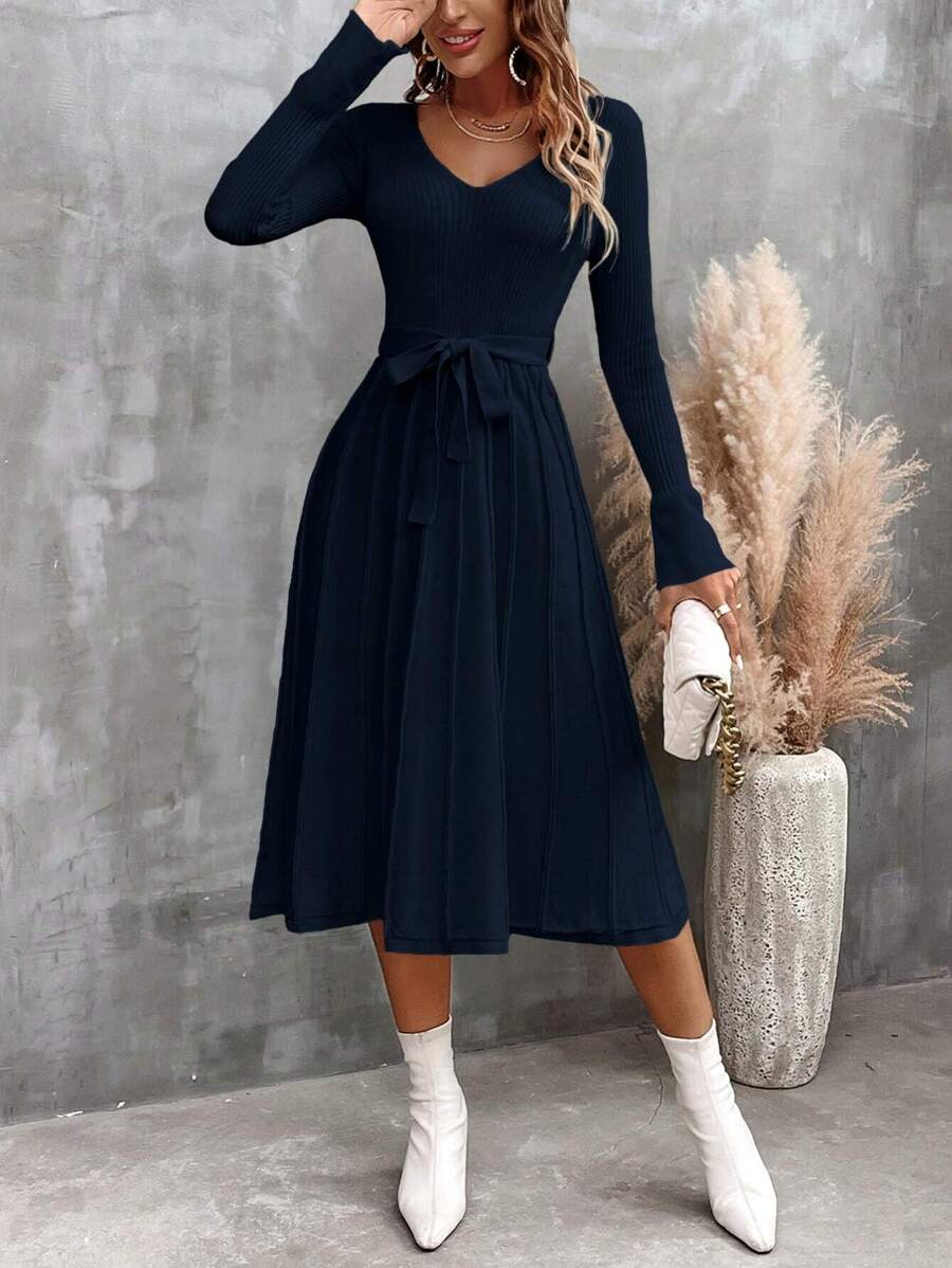 SHEIN Clasi V領帶式休閒女士毛衣裙 - 藏蓝色 - 查看 1