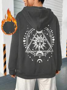 Flirla 加大码日月印花落肩抽绳卫衣 - 深灰色 - 查看 1