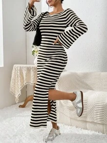 SHEIN Essnce 條紋喇叭袖開叉修身洋裝 - 白色 - 查看 1