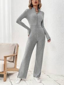 SHEIN LUNE Women'S Brushed Distressed Ribbed Texture Zipper Jumpsuit - Grey - View 3