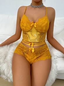 Women's Lace Splicing And Chain Detail Pajama Set - Yellow - View 5