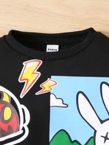 SHEIN Boys' Cute And Comfortable Cartoon Printed Crewneck Sweatshirt - Black - View 6