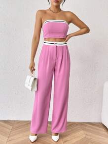 SHEIN Essnce Color Block Strapless Top And Straight Leg Pants Set - Red Violet - View 1